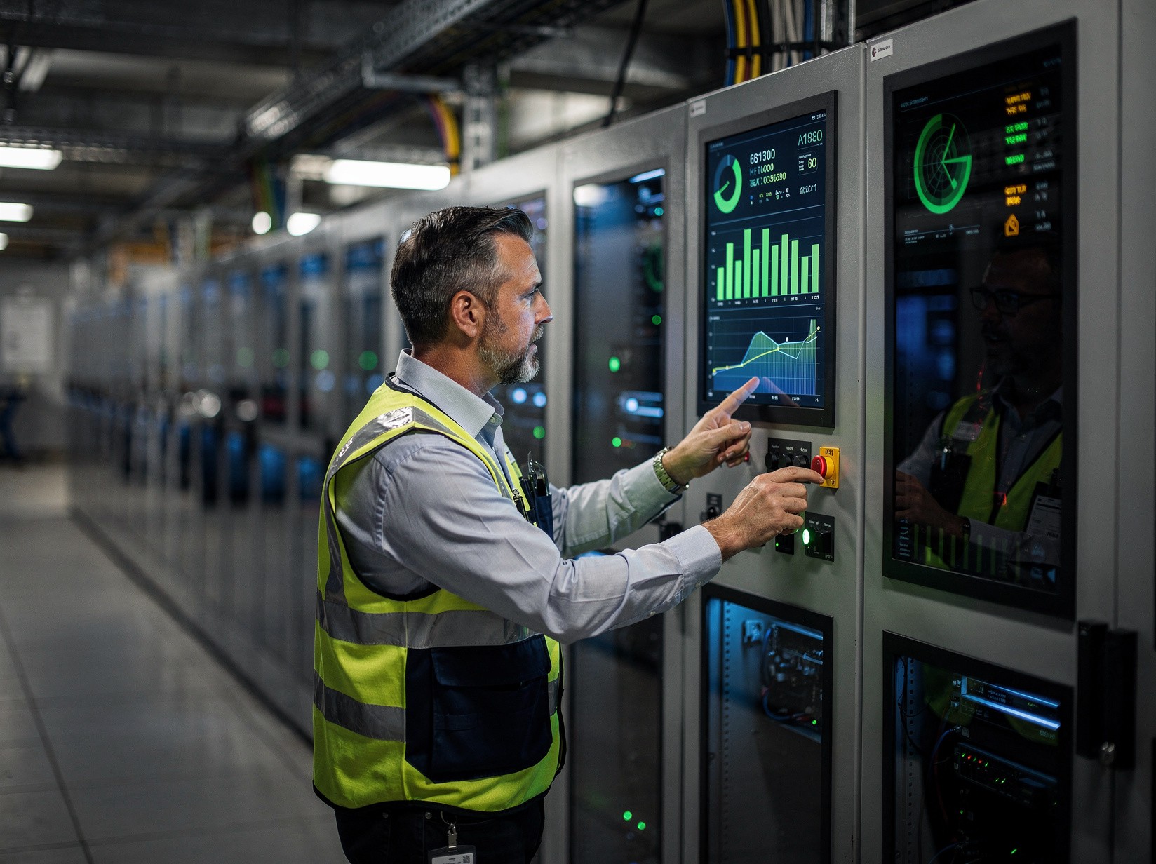 Electrical substation with transformers monitored by an engineer