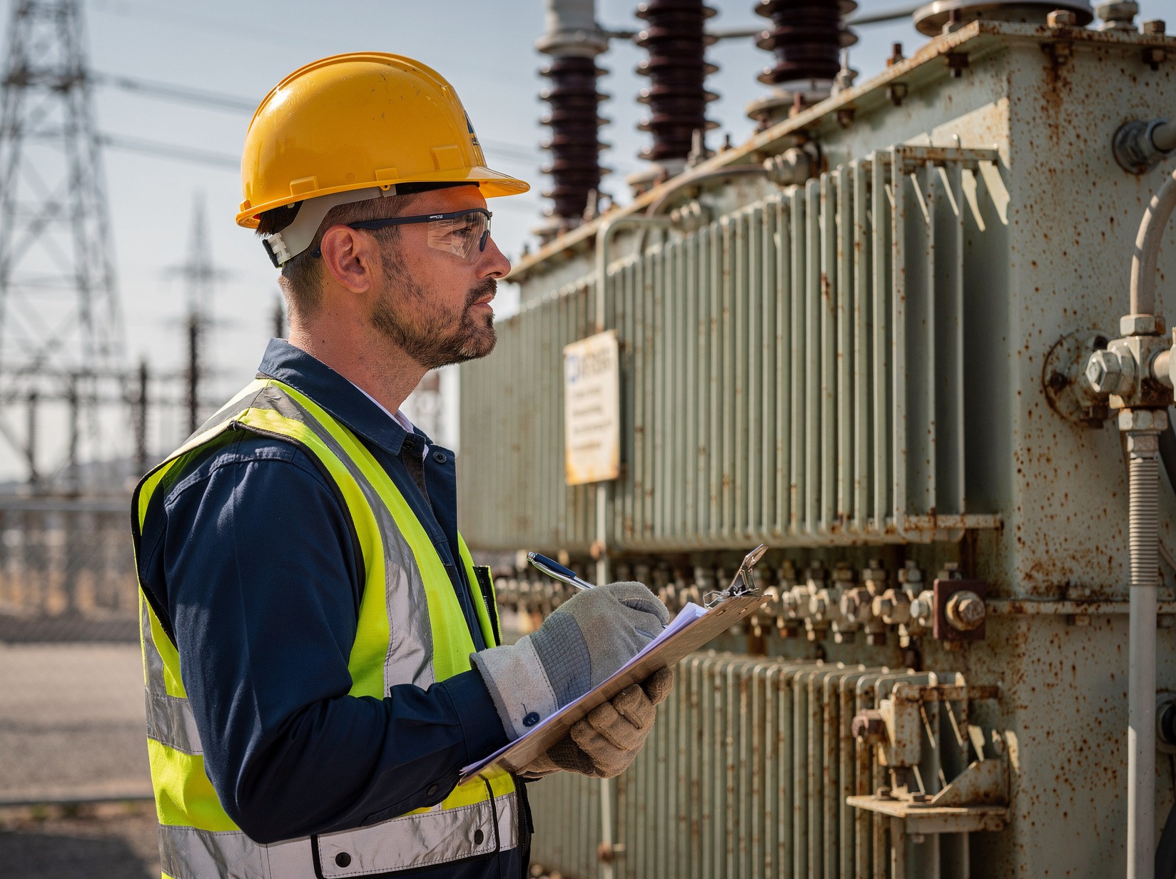 Engineer inspecting a substation transformer