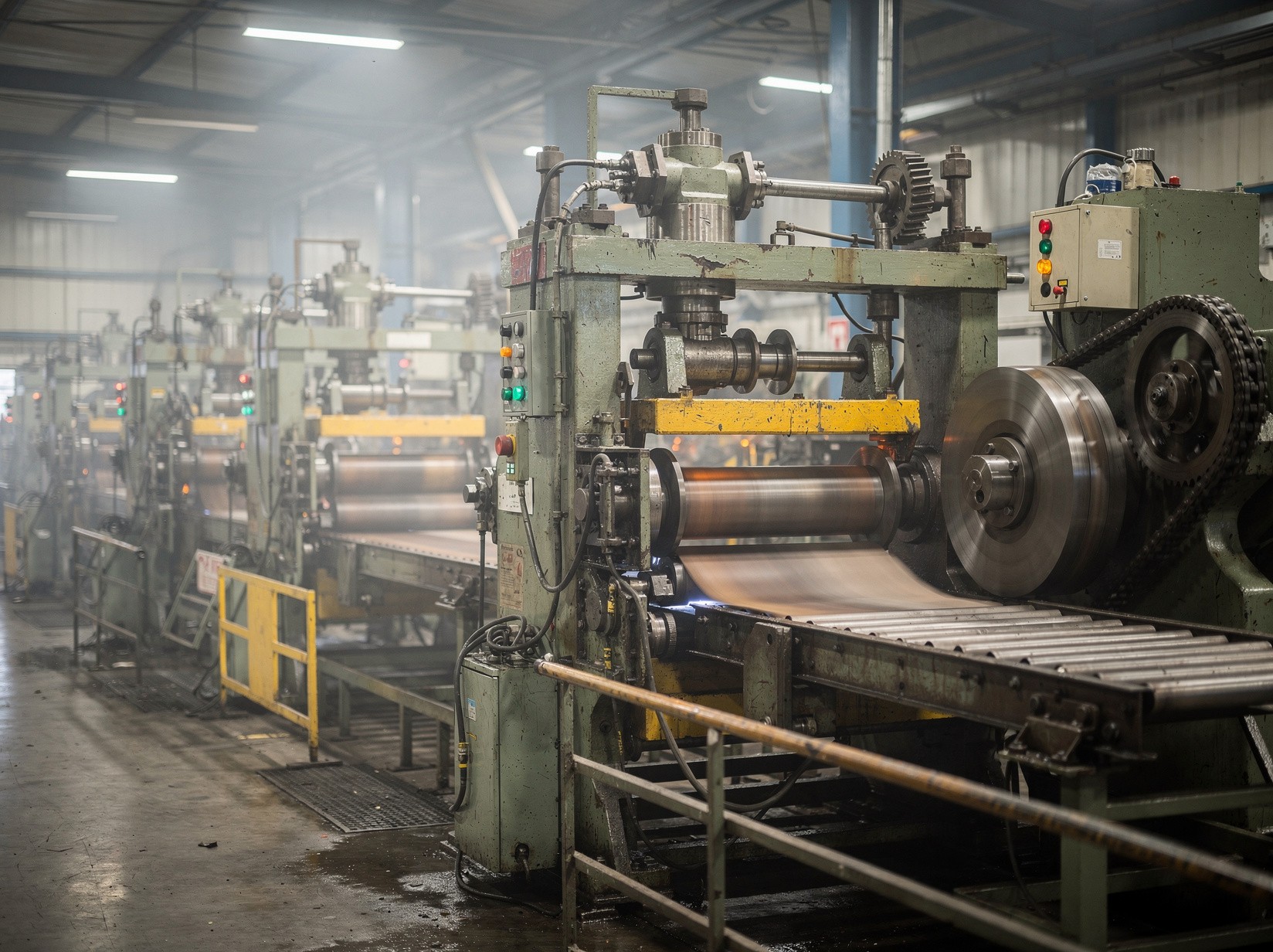 Heavy machinery running on a large manufacturing floor
